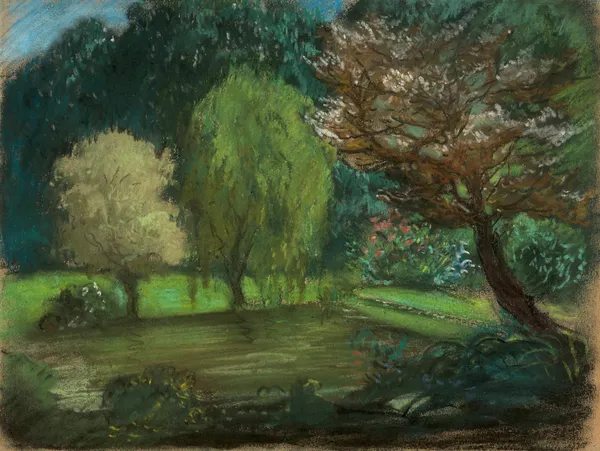 Trees near water in a park av Eugène Delacroix