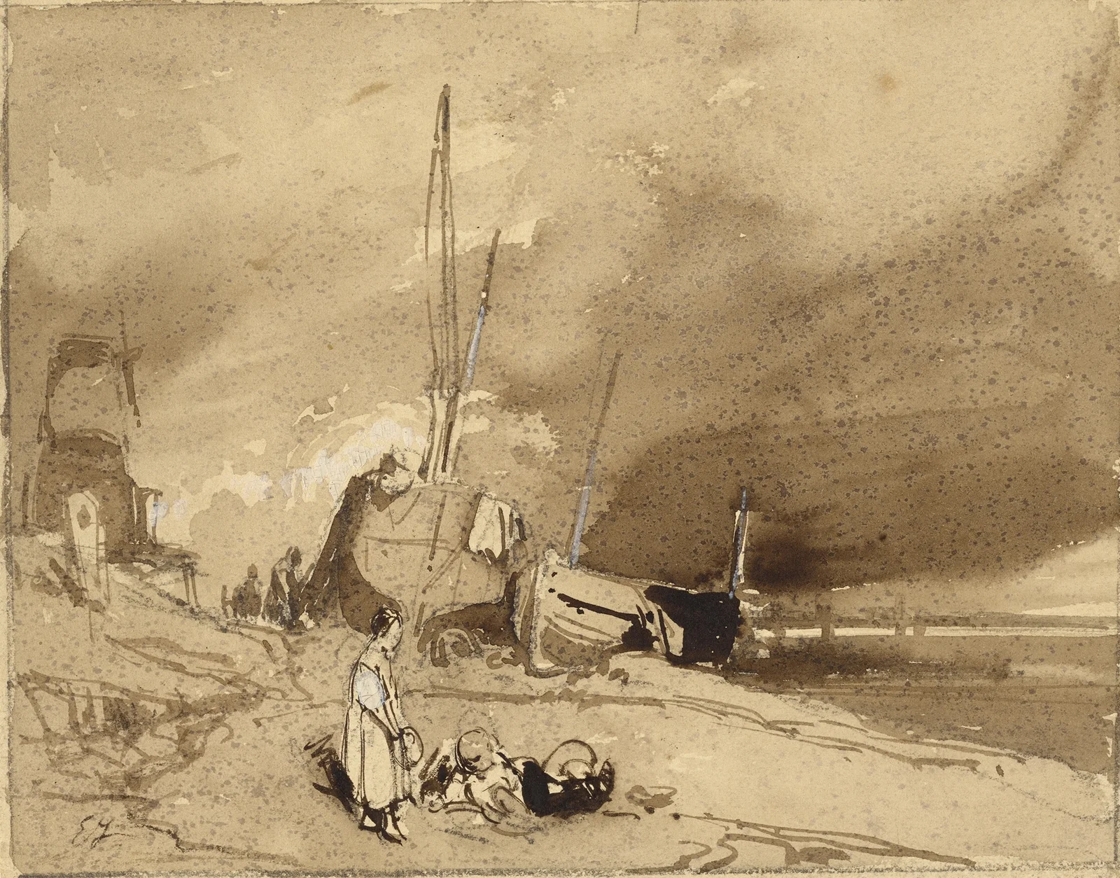 Bord de Plage (Fishing-boats on a beach, storm clouds in the distance) av Eugène Isabey