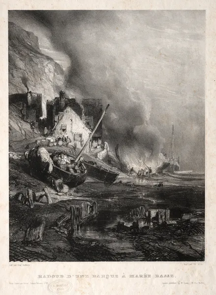 Radoub d’une barque à marée basse av Eugène Isabey