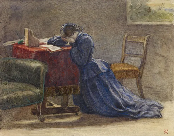 A Wife – Face in Both Hands She Knelt on the Carpet av Sir John Everett Millais