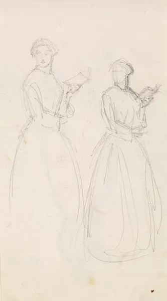 Female – Two Sketches of a Young Woman holding a Book, 1855 – nr 1 av Sir John Everett Millais