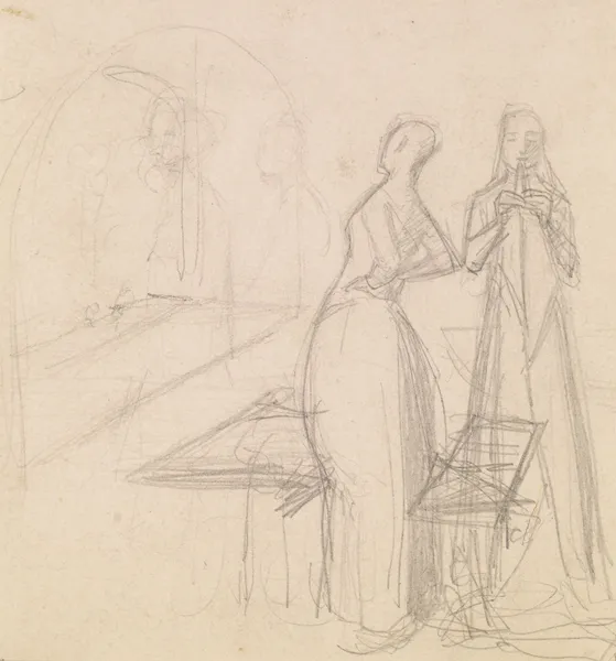 Mariana – Figure Sketch and Sketch of a Woman folding Cloth av Sir John Everett Millais