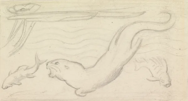 Stained Glass Study, An Otter and Two Fish av Sir John Everett Millais