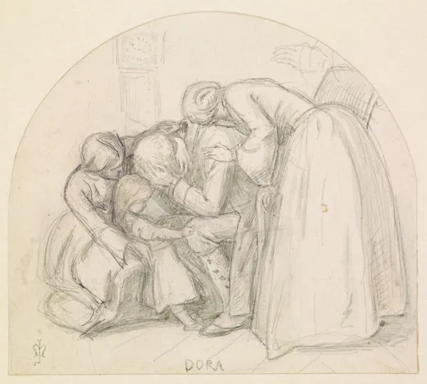 Tennyson’s Dora – Study of Mary, Child and Dora comforting their Father av Sir John Everett Millais