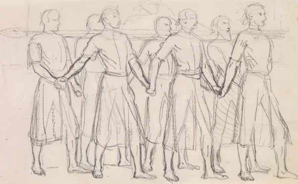 The Head of Bran by George Meredith – Study of Seven Princes carrying the Head of Bran av Sir John Everett Millais
