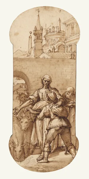Taddeo at the Entrance to Rome Greeted by Toil, Servitude, and Hardship, and by Obedience and Patience (the Ass and Ox) av Federico Zuccaro