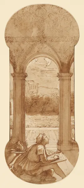 Taddeo Copying Raphael’s Frescoes in the Loggia of the Villa Farnesina, Where He is Also Represented Asleep av Federico Zuccaro