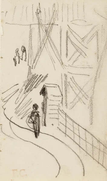 Guérite au bord d’une rue devant une tour avec un personnage en faction av Fernand Cormon