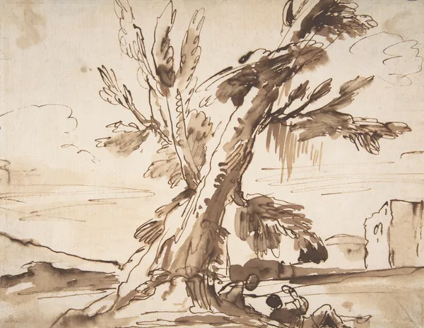 Landscape with Two Men Under a Tree. av Pier Francesco Mola