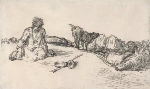A Seated Shepherd with His Dog and Sheep av Jean-François Millet