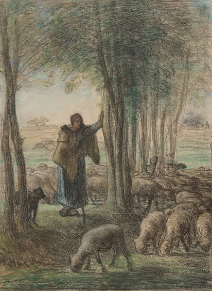 A Shepherdess and Her Flock in the Shade of Trees av Jean-François Millet