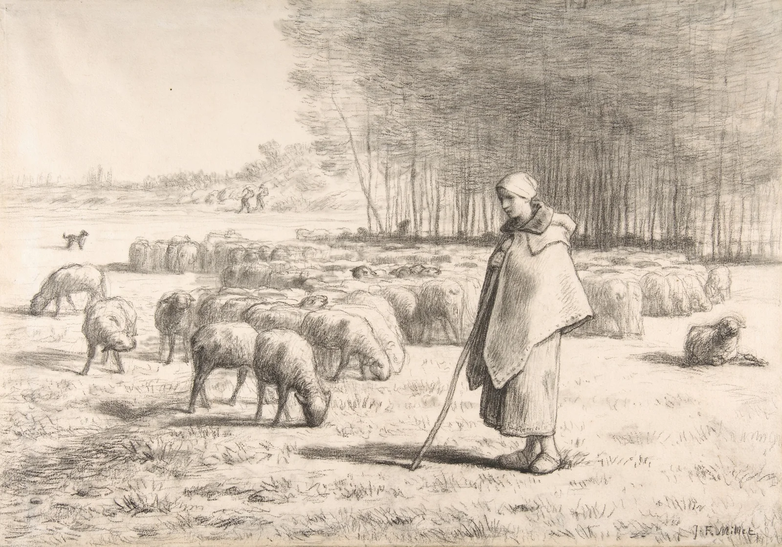 A Shepherdess with Her Flock av Jean-François Millet