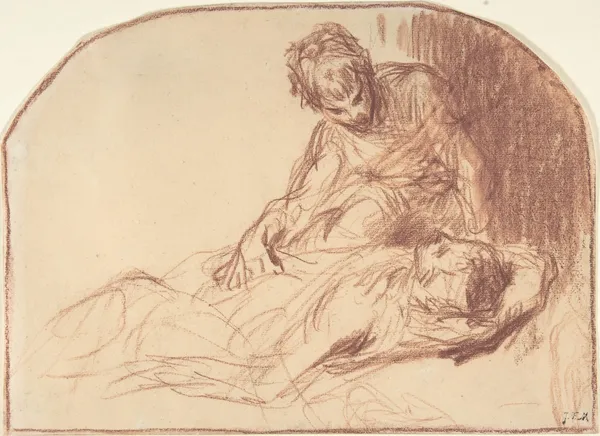 A Young Man Seated, Bent over a Reclining Figure av Jean-François Millet