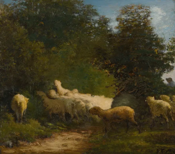 Sheep Grazing Along A Hedgerow av Jean-François Millet