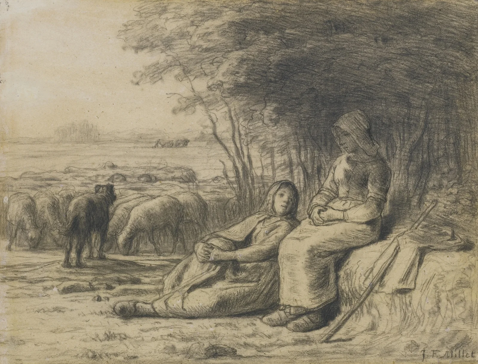 Two Shepherdesses and their Flock av Jean-François Millet