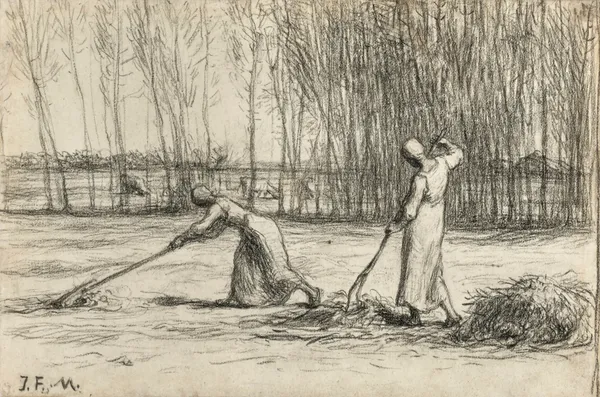 Two women working hay av Jean-François Millet