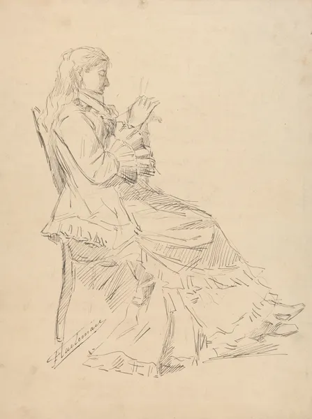 Femme assise sur une chaise, tricotant, de profil – croquis av Jean-François Taelemans