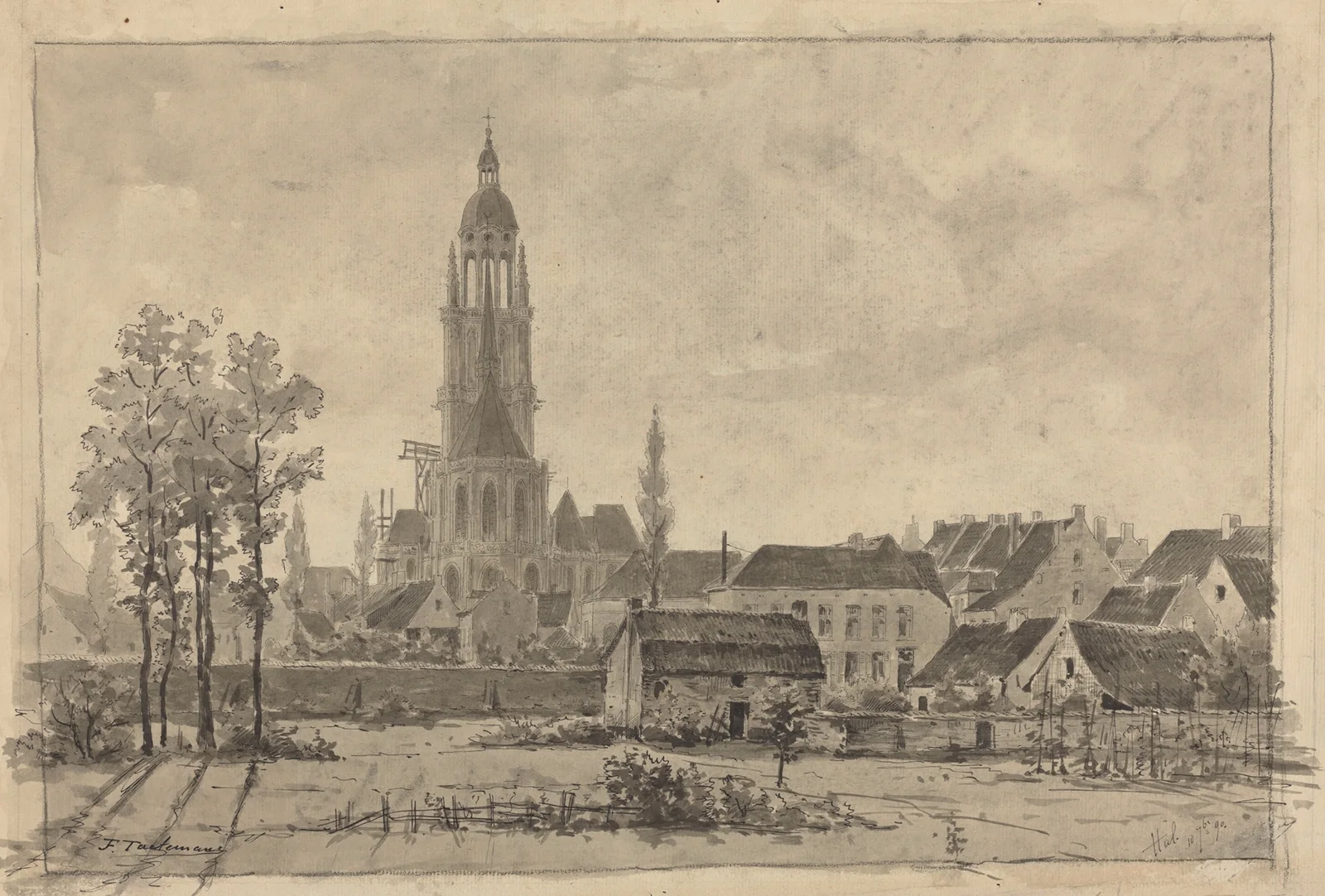 Hal- (vue arrière de l’église, pré, maisonnette et bouquet d’arbres à l’avant-plan) av Jean-François Taelemans