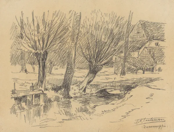 Tourneppe (Dworp) – petit canal bordé de saules, avec écluse, petit pont et grande ferme à l’arrière-plan av Jean-François Taelemans