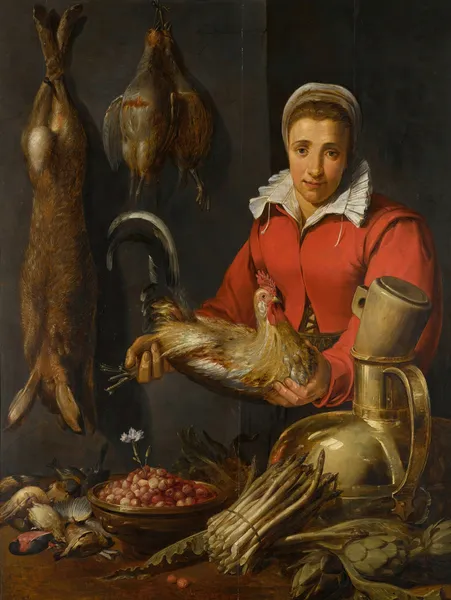 A female merchant holding a cockerel, with game, asparagus, artichokes, utensils and a bowl of wild strawberries av Frans Snyders