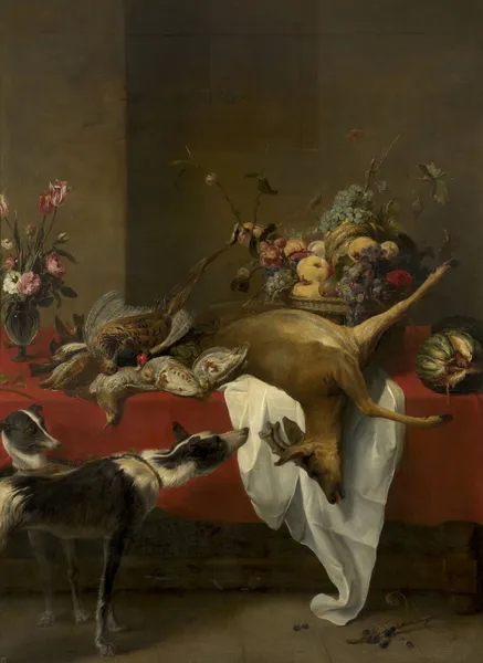 Game, fruit basket and vase of flowers on a table av Frans Snyders