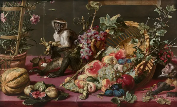 Singes près d’une corbeille de fruits av Frans Snyders