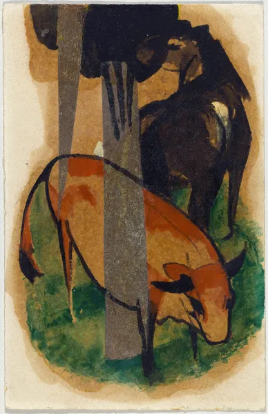 Red horse and yellow cattle (black-brown horse and yellow cattle) av Franz Marc
