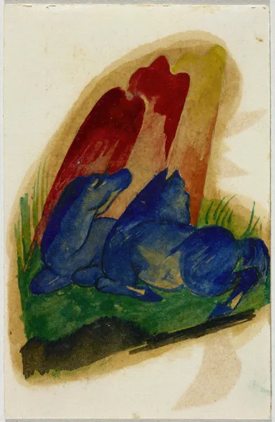 Two blue horses in front of a red rock av Franz Marc
