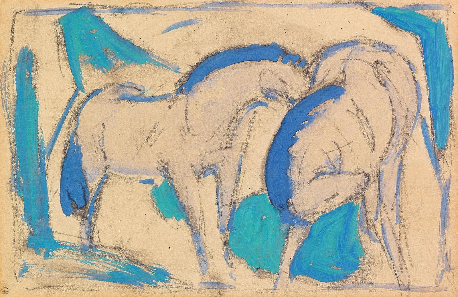Zwei Pferde, blaugrün av Franz Marc