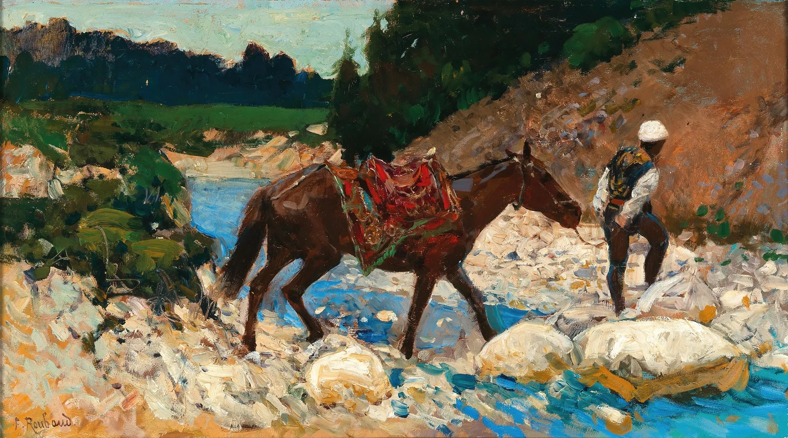 An Equestrian Crossing a Ford av Franz Roubaud