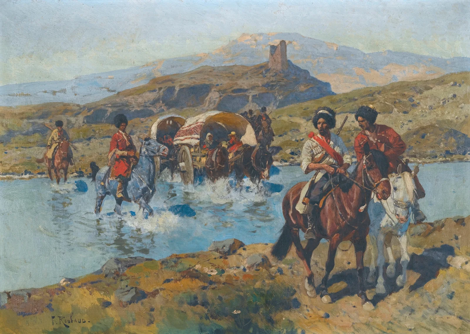 Cossacks Crossing A Ford av Franz Roubaud