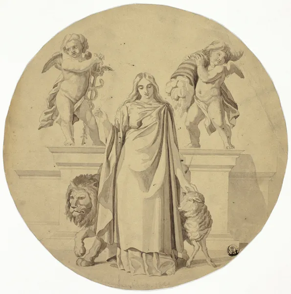 Allegorical Female Figure with Lion, Lamb, Two Putti av Frederic Leighton