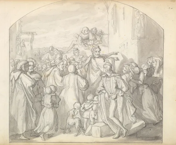 An Artist Drawing on Wall of a Church Watched by a Crowd av Frederic Leighton