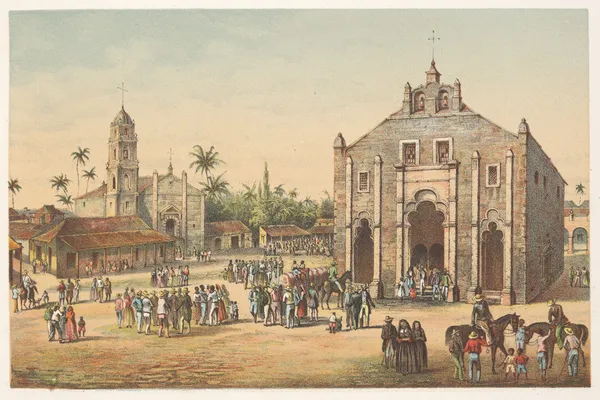 Vista de la iglesia major y de la Ermita del Buen Viaje av Pierre Toussaint Frédéric Mialhe