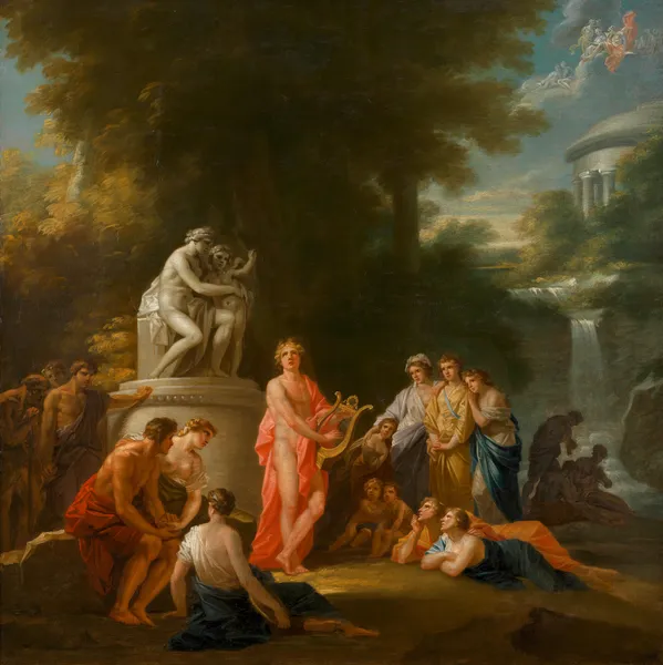 Apollo spielt auf der Lyra im Kreis der Hirten (Entwurf für den Vorhang des Alten Burgtheaters) av Heinrich Friedrich Füger