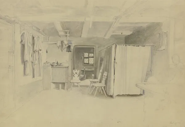 Bauernstube, rechts das Bett mit Vorhang, an der Wand hängt ein Paar Stiefel, links der Ofen, an der Wand hängen verschiedene Kleider av Jakob Fürchtegott Dielmann