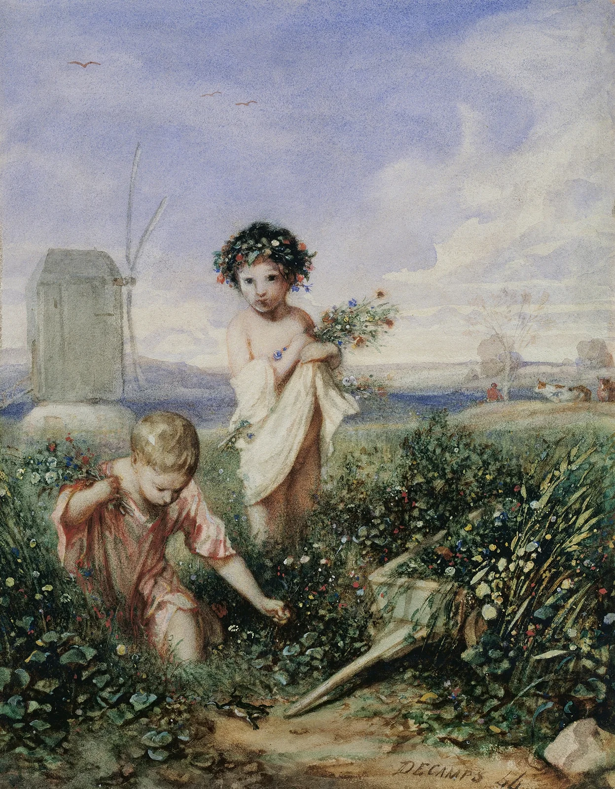 Children gathering Flowers av Alexandre-Gabriel Decamps