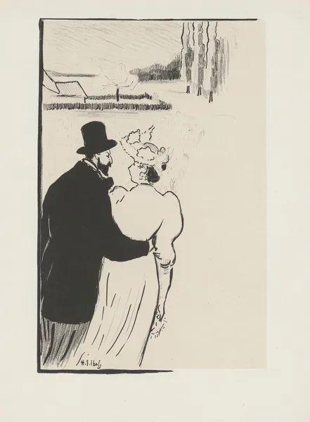 Couple en promenade sur un chemin conduisant à une maison av Henri-Gabriel Ibels