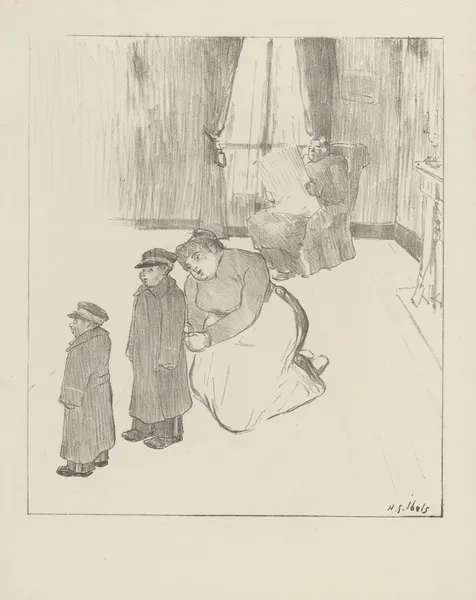 Intérieur avec homme lisant son journal, femme agenouillée auprès de deux garçonnets av Henri-Gabriel Ibels