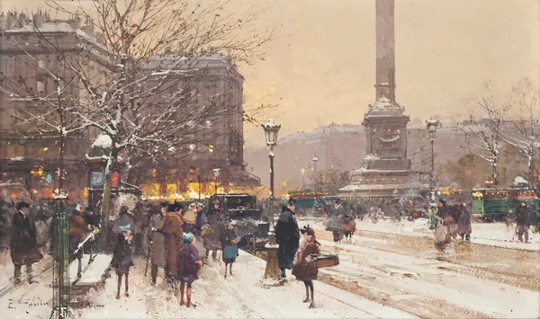 Figures in the snow, the Place de Concorde, Paris av Eugène Galien-Laloue