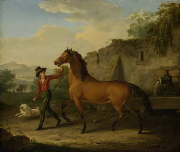 A Groom Leading a Stallion from the Drinking Trough av Johann Georg Pforr