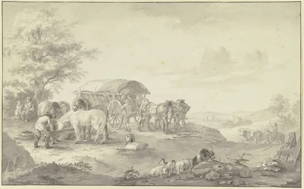 Ein mit Säcken beladener Lastwagen auf dem Feld unter einem Baum av Johann Georg Pforr