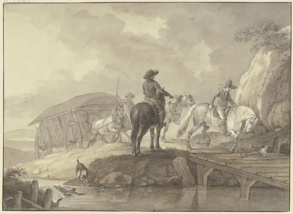 Ein mit Säcken beladener Lastwagen, begleitet von zwei Reitern und zwei Hunden, fährt über eine Brücke av Johann Georg Pforr