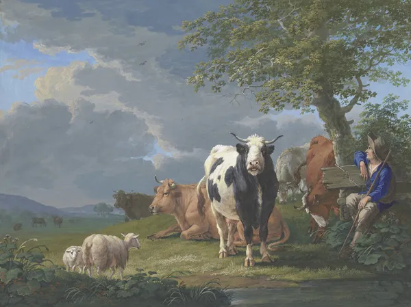 Hirte unter einem Baum mit seiner Rinderherde und zwei Schafen av Johann Georg Pforr