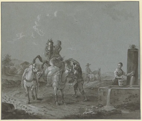 Knabe auf einem sich bäumenden Pferd, davor ein Knecht mit zwei Pferden, rechts eine junge Frau mit einem Eimer am Brunnen av Johann Georg Pforr
