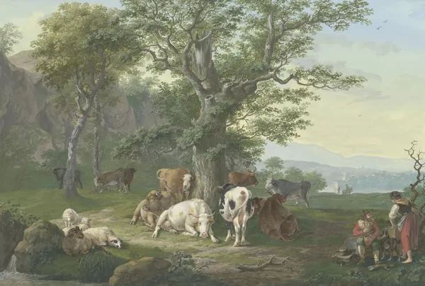 Lagernde Herde unter einer Eiche, rechts Hirte und Hirtin bei der Mahlzeit und Ausblick in die Ferne av Johann Georg Pforr