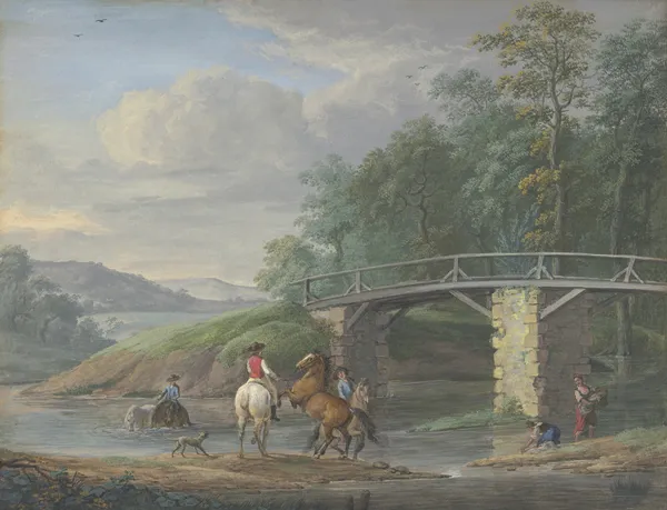 Pferde in der Schwemme bei einer Brücke, rechts zwei Wäscherinnen av Johann Georg Pforr