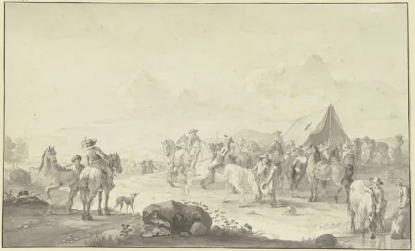Pferdemarkt mit einem Marketenderzelt, im Vordergrund wird ein Pferd getränkt av Johann Georg Pforr