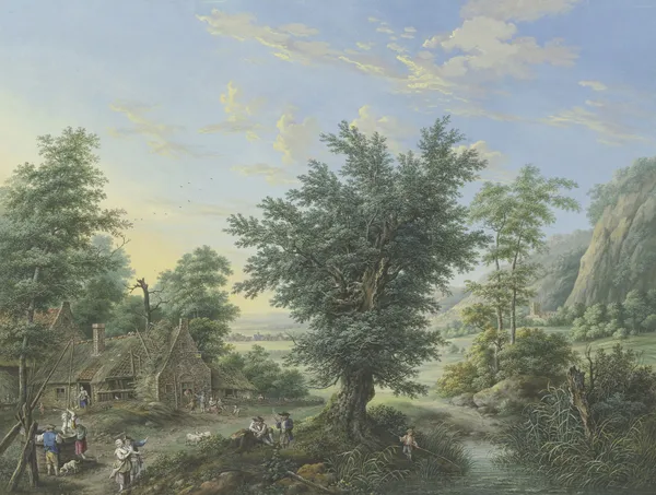 Rich landscape with trees, meadows and villages, in the front left a hut with a well and many figures av Johann Georg Pforr