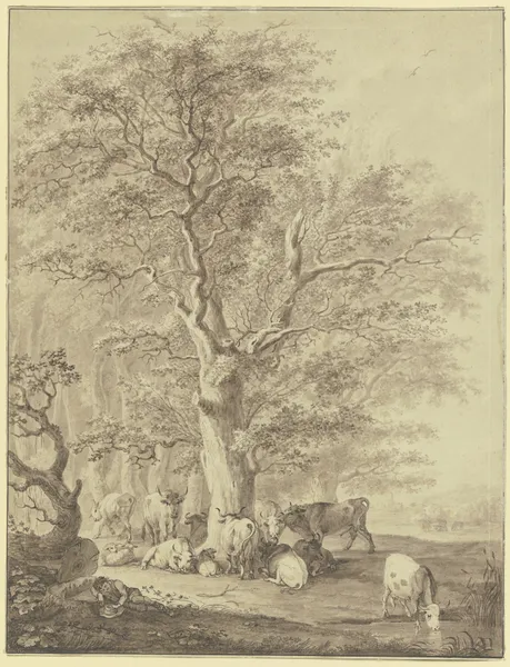 Rinderherde mit zwei Schafen und dem Hirten unter einer Eiche rastend av Johann Georg Pforr